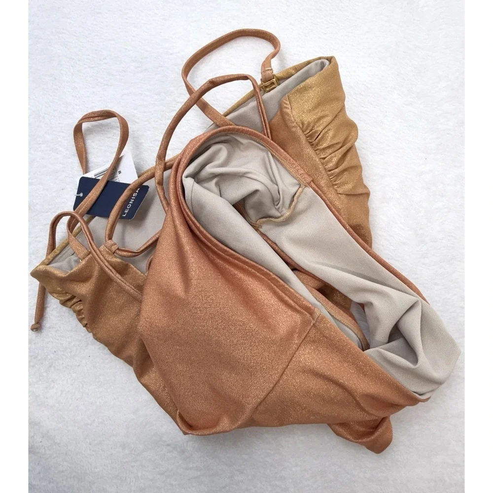 LEONISA Womens Medium Shimmer One Piece Swimsuit Lace Up Back Gold Bronze NWT
